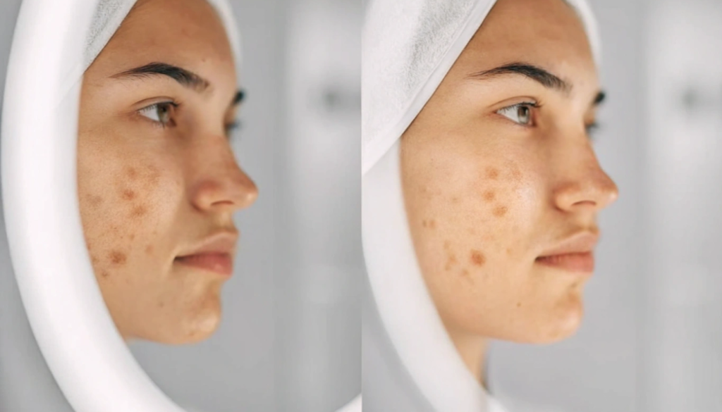 A close-up of various types of skin discoloration and blemishes on a human face, showcasing a range of
