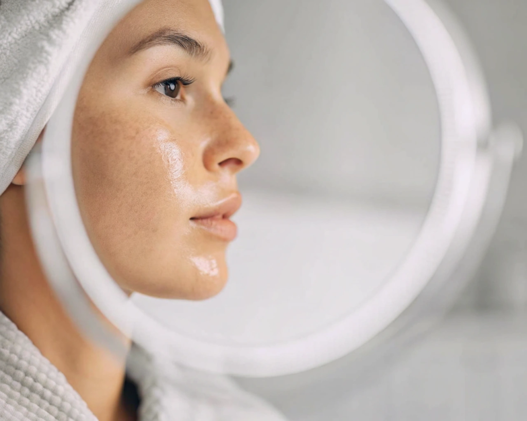A close-up view of a woman's T-zone, showing shiny, enlarged pores and a glossy, reflective appearance, indicating an oily skin type. The image is captured in soft, indirect lighting that emphasizes the skin's texture and shine. The background is blurred, creating a shallow depth of field to focus attention on the detailed facial features. The overall mood is clinical, highlighting the objective evaluation of the skin's characteristics associated with an oily complexion. Rotina de Skincare Natural para Pele Oleosa: Passo a Passo